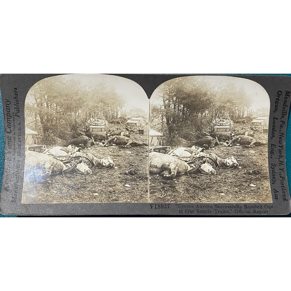 Keystone Stereoview #V18927,WWI,Enemy Airmen Successfully Bomed Our Supply Train